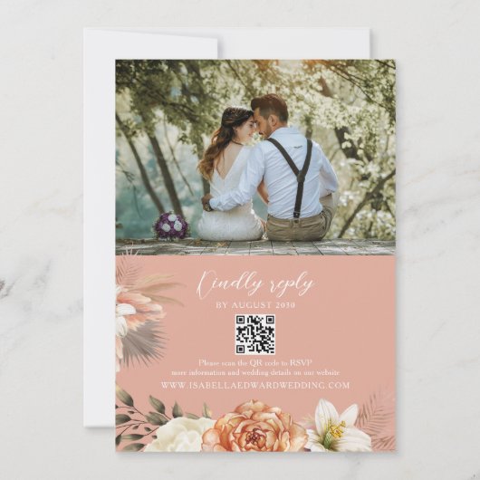 Peach Sage Floral Wedding QR Uitnodiging (Achterkant)
