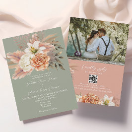 Peach Sage Floral Wedding QR Uitnodiging