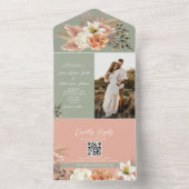 Peach Sage Green Floral QR Code Wedding All In One Uitnodiging (Binnen)