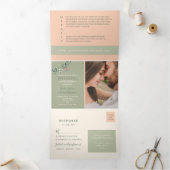 Peach Sage Green Tri-Fold Wedding Uitnodigen Drieluik Uitnodiging (Binnen)