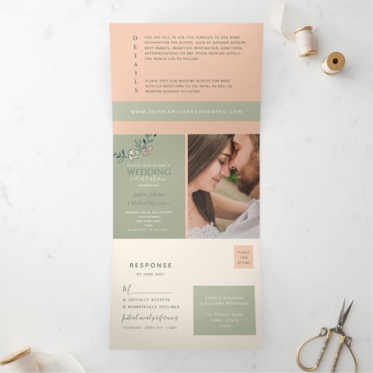 Peach Sage Green Tri-Fold Wedding Uitnodigen Drieluik Uitnodiging (Binnen)