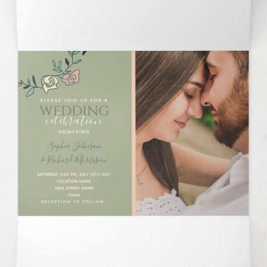 Peach Sage Green Tri-Fold Wedding Uitnodigen Drieluik Uitnodiging (Binnenkant midden)