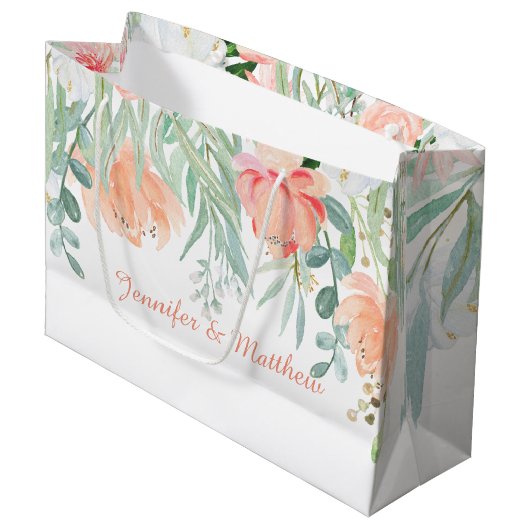 Peach Sage Green Waterverf Flowers LARGE Bags Groot Cadeauzakje (Voorkant Gekanteld)