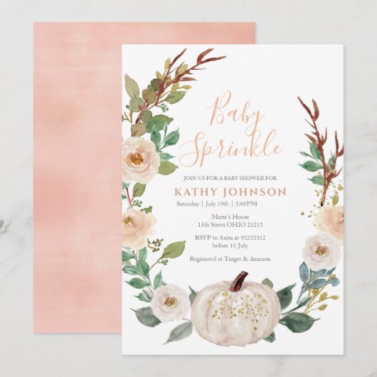 Peach Sage White Pumpkin Baby Sprinkle Invitation Kaart (Voorkant / Achterkant)