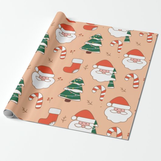 Peach Santa and Candy Cane Cadeaupapier (Uitgerold)