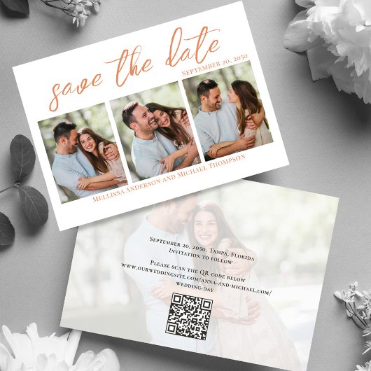 Peach Script Multi Photo Sla de trouwdatum op Save The Date