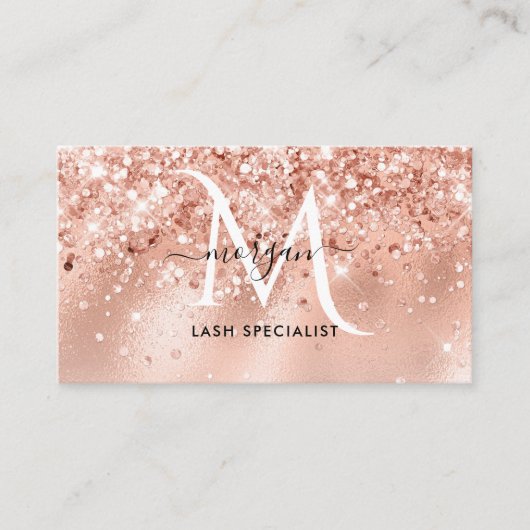 Peach Shimmer Glitter Roos Goud Monogram Visitekaartje (Voorkant)
