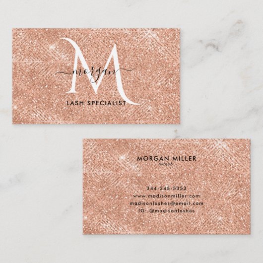 Peach Shimmer Glitter Roos Goud Monogram Visitekaartje (Voorkant / Achterkant)