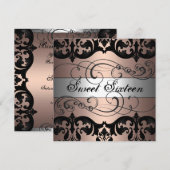 Peach/Silver Damask Sweet 16 Verjaardag Uitnodigin Kaart (Voorkant / Achterkant)