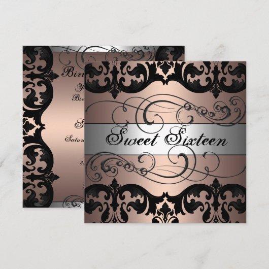 Peach/Silver Damask Sweet 16 Verjaardag Uitnodigin Kaart (Voorkant / Achterkant)