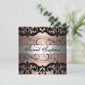 Peach/Silver Damask Sweet 16 Verjaardag Uitnodigin Kaart (Staand voorkant)