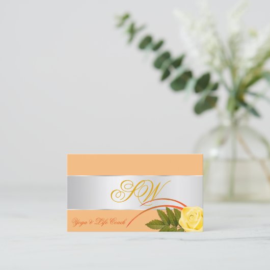 Peach Silver Decor Cute Roos Flower with Monogram Visitekaartje (Staand voorkant)