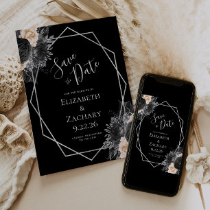 Peach Silver Floral Geo Black Bewaar de datum Save The Date