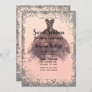 Peach & Silver Glitter Party Dress Glam Sweet 16 Kaart