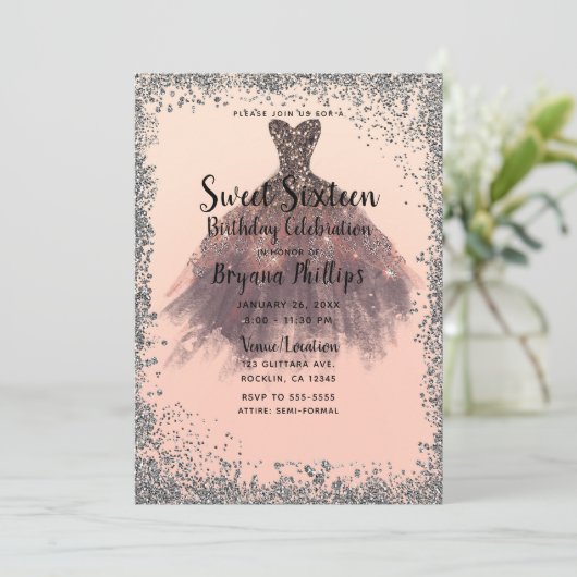 Peach & Silver Glitter Party Jurk Glam Sweet 16 Kaart (Staand voorkant)