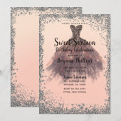 Peach & Silver Glitter Party Jurk Glam Sweet 16 Kaart (Voorkant / Achterkant)