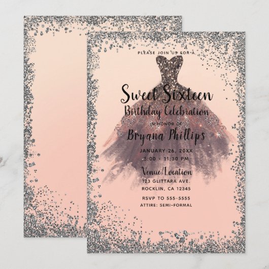 Peach & Silver Glitter Party Jurk Glam Sweet 16 Kaart (Voorkant / Achterkant)