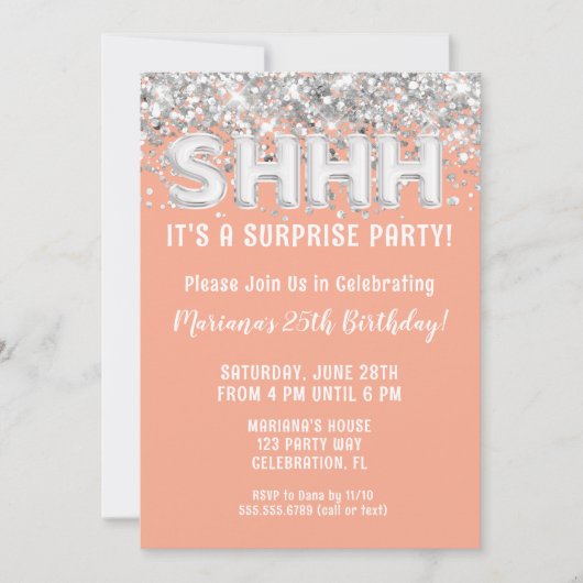 Peach Silver Glitter Surprise verjaardagsfeestje Kaart (Voorkant)
