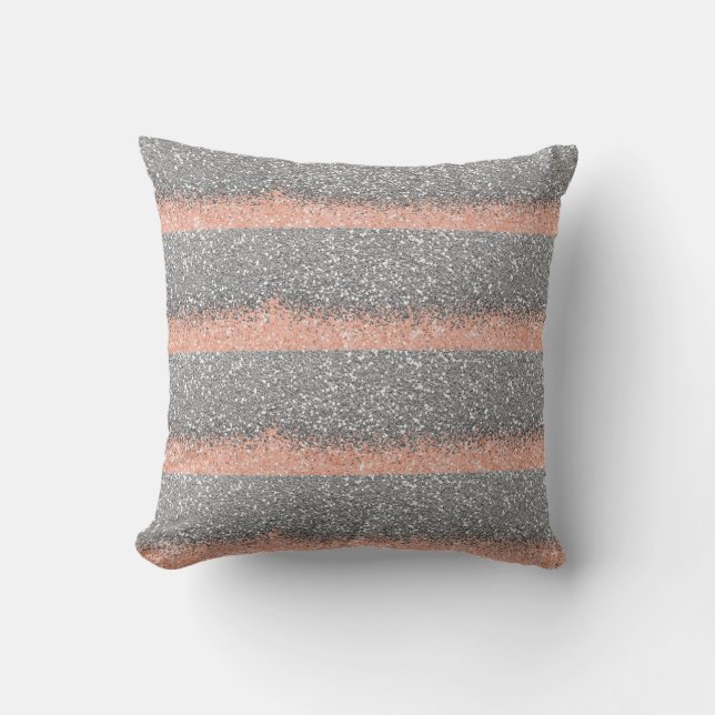 Peach Silver Grey Glitter Metallic Shiny Stripes Kussen (Voorkant)