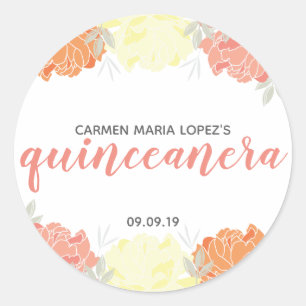 Peach Sinaasappel & Yellow Peonies Quinceañera Ver Ronde Sticker