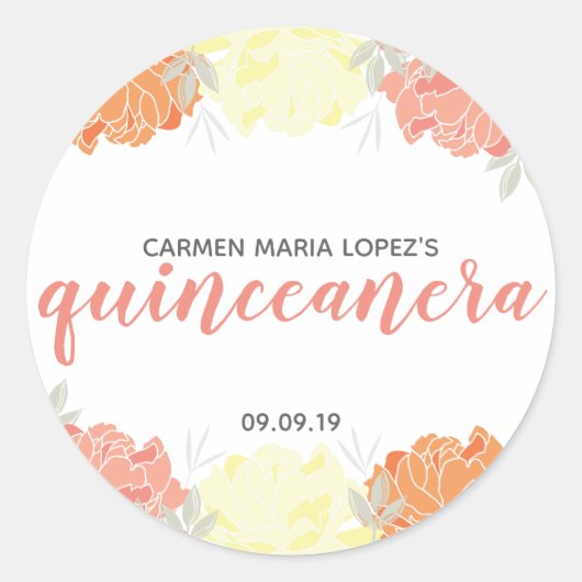 Peach Sinaasappel & Yellow Peonies Quinceañera Ver Ronde Sticker (Voorkant)