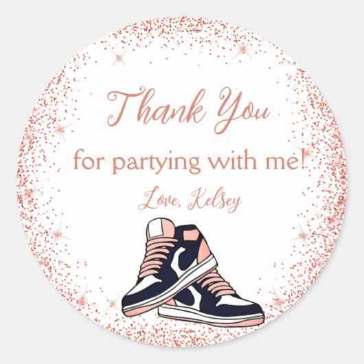 Peach Sneaker Verjaardag, Glitter Sweet 16 Bedankt Ronde Sticker (Voorkant)