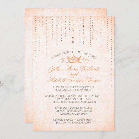 Peach Sparkles & Crown Fairytale Weddenschap Kaart (Voorkant / Achterkant)