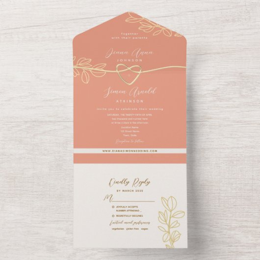 Peach Spring Wedding All In One Uitnodiging (Binnen)