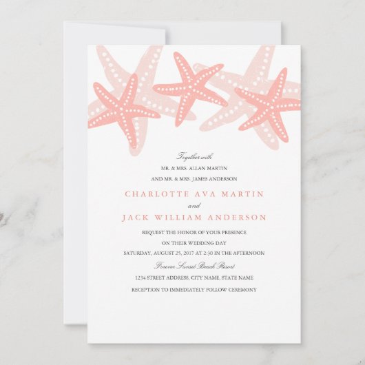 Peach Starfish Beach bruiloft uitnodiging (Voorkant)