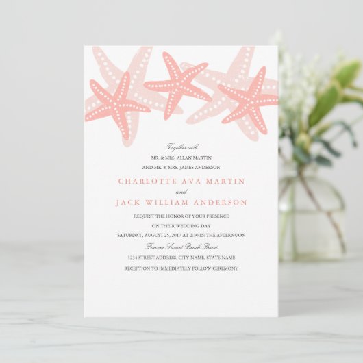 Peach Starfish Beach bruiloft uitnodiging (Staand voorkant)