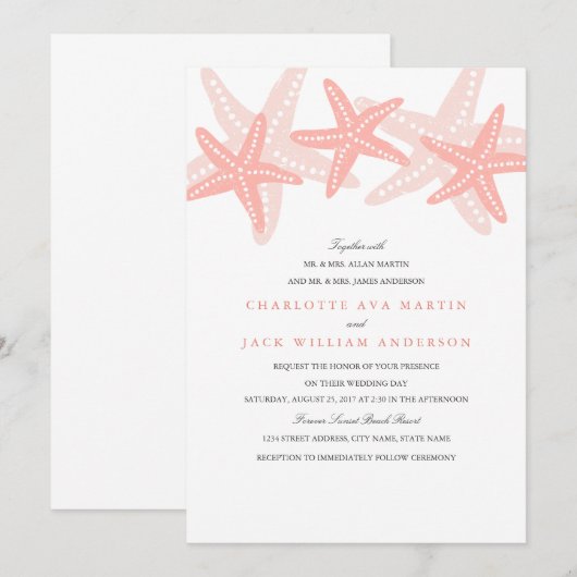 Peach Starfish Beach bruiloft uitnodiging (Voorkant / Achterkant)