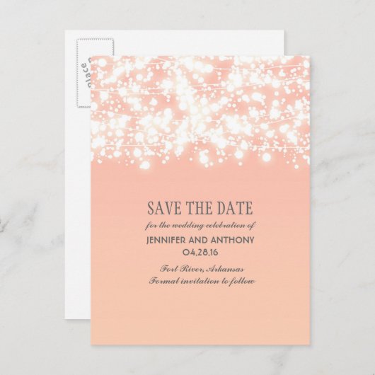 Peach String Lights Elegant Sla de datum op Aankondigingskaart (Voorkant / Achterkant)