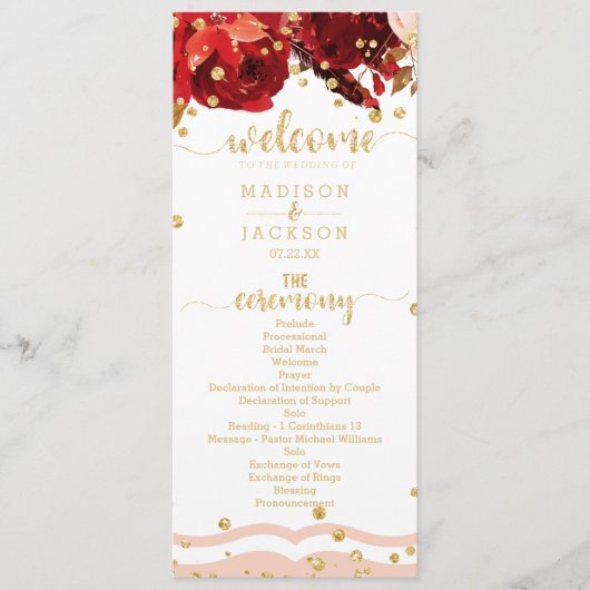 Peach Stripe Floral Gold Confetti huwelijksprogram Programmakaart (Voorkant)