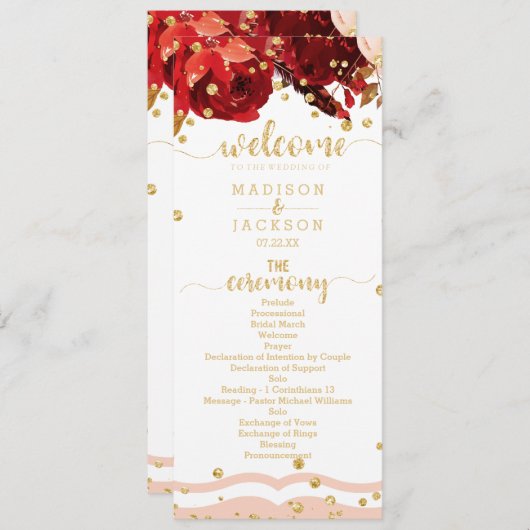 Peach Stripe Floral Gold Confetti huwelijksprogram Programmakaart (Voorkant / Achterkant)