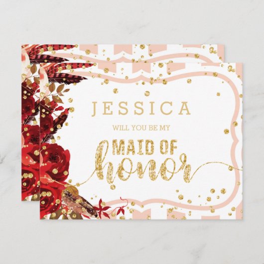 Peach Stripe Floral, je wordt mijn bruidsmeisje Kaart (Voorkant / Achterkant)