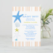Peach Stripes Blue Beach Baby Boy Baby shower Kaart (Staand voorkant)