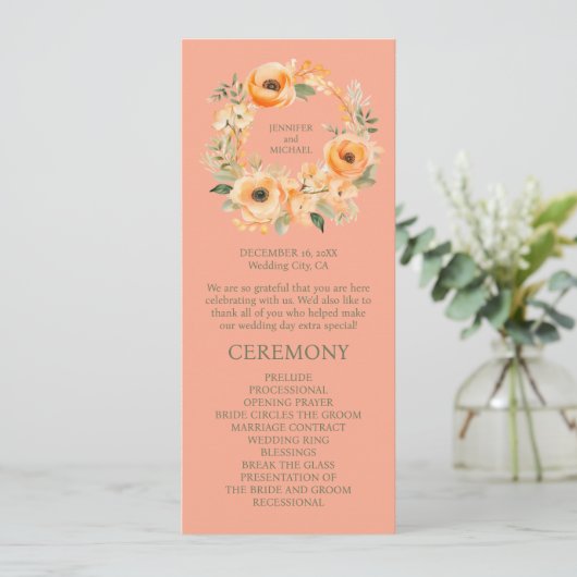 Peach Summer Wedding Ceremony Programma Programmakaart (Staand voorkant)