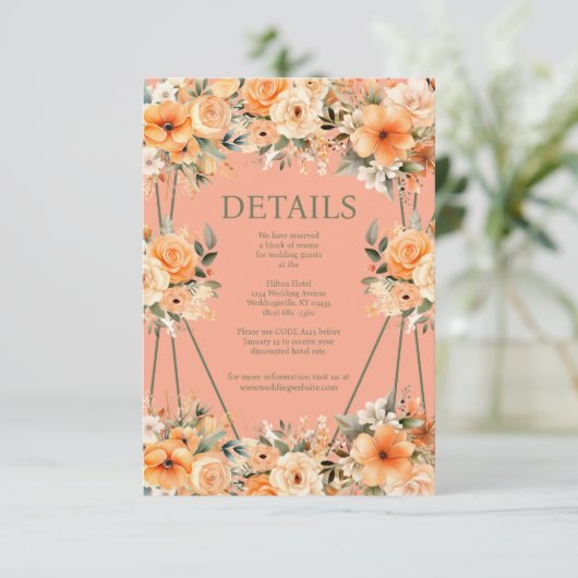 Peach Summer Wedding Details Enclosure Kaart (Staand voorkant)