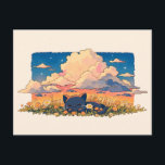 Peach Sunset Cloud Sleeping Black Cat Briefkaart<br><div class="desc">Bring a touch of magic to someone's mailbox with this charming black cat postcard. This serene illustration depicts a tiny black kitten curled up in a vibrant meadow of orange and white wildflower, resting under towering, fluffy peach clouds. The warm sunset glow, twinkling stars, and soft, painterly textures create a...</div>