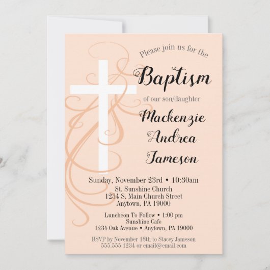 Peach Swirl Cross Baptism Invitation Girl Boy Kaart (Voorkant)