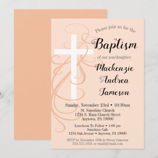 Peach Swirl Cross Baptism Invitation Girl Boy Kaart (Voorkant / Achterkant)