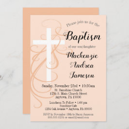 Peach Swirl Cross Baptism Invitation Girl Boy Kaart