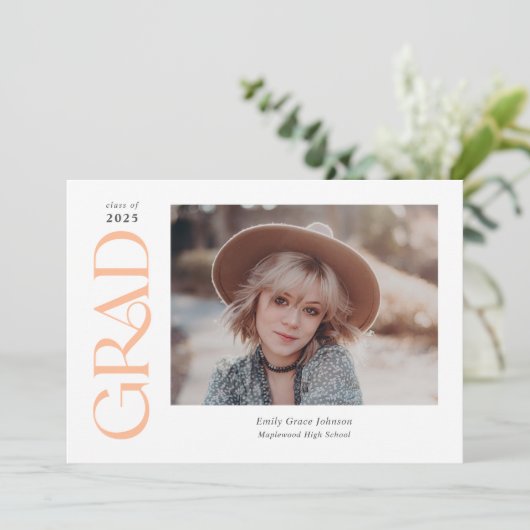 Peach Trendy Serif Twee foto's Afstuderen Aankondiging (Staand voorkant)