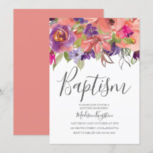 Peach Tropical Flowers Boy Girl Baptism Invite Kaart