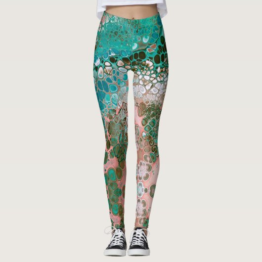 Peach & Turquoise Acrylpour Abstract Leggings (Voorkant)