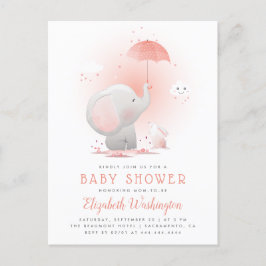 Peach Umbrella Elephant & Bunny Girl Baby shower Uitnodiging Briefkaart