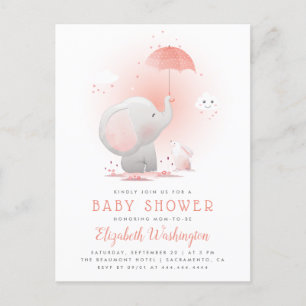 Peach Umbrella Elephant & Bunny Girl Baby shower Uitnodiging Briefkaart