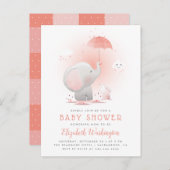 Peach Umbrella Elephant & Bunny Girl Baby shower Uitnodiging Briefkaart (Voorkant / Achterkant)