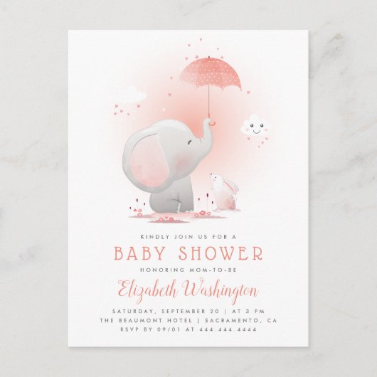 Peach Umbrella Elephant & Bunny Girl Baby shower Uitnodiging Briefkaart (Voorkant)