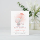 Peach Umbrella Elephant & Bunny Girl Baby shower Uitnodiging Briefkaart (Staand voorkant)